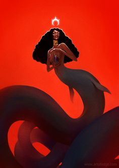 an illustration of a woman sitting on top of a giant snake in front of a red background