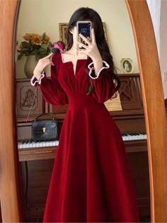 Tavimart Women Elegant Red Christmes Long Sleeve Party Dress Square Co – tavimart Autumn Profile, Long Sleeve Party Dress, Red Dress Long, Butterfly Sleeve Dress, Camera Art, Wedding Party Dress, Party Dress Long Sleeve, Number 6, Elegant Red