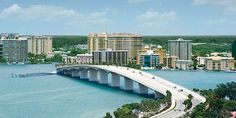 an aerial view of a bridge spanning the width of a large body of water with tall buildings in the background