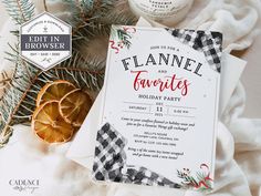 an elegant christmas party with flannel and oranges on the table next to it