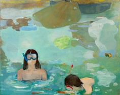 a painting of a woman in the water with a mask and snorkels