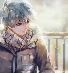 an anime character is standing in the snow