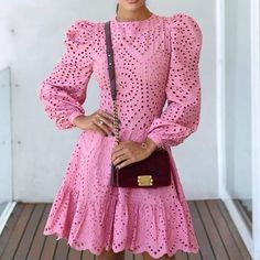 Women's Ruffled Lace Dress - Wnkrs Mode Rose, Sundress Dress, Chique Outfits, Lace Pink Dress, Elegant Casual, Product Recommendations, Sleeve Dresses, Style Office, Lantern Sleeve