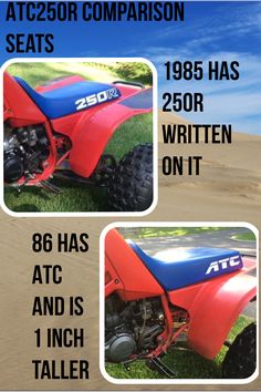 an advertisement for a red and blue atv in the sand dunes with information about how to use it