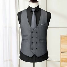 Men's Suit Vest Formal Business Double Breasted Dress Waistcoat Sleeveless Tops This item is for one waistcoat only, not include others accessories. Please note this is in Asian sizing, smaller than western size e.g. UK, US, AU. Please check the measurements carefully before making a purchase. If you are not sure which size to buy, please provide height and weight, we will recommend a suitable size. Please allow 2-3cm discrepancy due to different measurement method. Material: 80% polyester , 20% Sleeveless Suits With Buttons For Work, Business Sleeveless Vest With Buttons, Sleeveless Business Vest With Buttons, Spring Tailored Sleeveless Suit, Fitted Vest For Semi-formal Summer Events, Fitted Sleeveless Vest With Pockets, Formal Summer Vest With Pockets, Summer Formal Vest With Pockets, Tailored Sleeveless Summer Vest