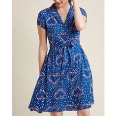 New Without Tags. Inventory #P6487 Heart Print Dress, Retro Style Dress, Retro Fashion Women, Blue Hearts, Collared Shirt Dress, Mod Cloth Dresses, Modcloth Dresses, Belted Shirt Dress, Style Dresses