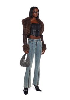 Check you out in these jeans that have a denim construction, zipper detailing on pant legs, side pockets with zipper closures, and a front double button and zipper closure. Kiss Outfits, Fall Leather, Underbust Corset, Streetwear Y2k, Halloween Costumes Women, Y2k Fashion, Dolls Kill, Costumes For Women, Corset Top