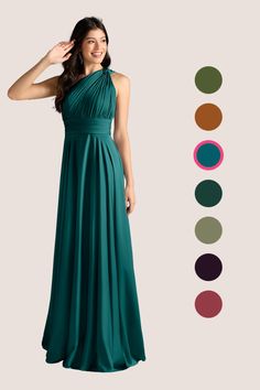 a woman in a long green dress with different colors