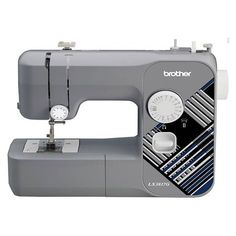 the brother sewing machine is grey and has white buttons on it's head, which are attached to an extension cord