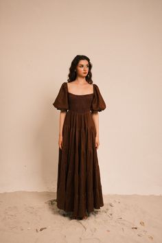 Puffed Sleeve Bridesmaid Dress, Greek Formal Dress, Baggy Maxi Dress, Maxi Dress With Sleeves Outfit, Brown Cottagecore Dress, Jane Austen Dresses, Cottage Core Wedding Guest Outfit, Floral Linen Dress, French Wedding Guest Outfit