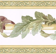 a painting of leaves and branches on a white background with gold border around the edges