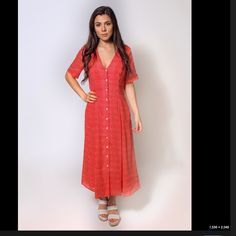 Trovata Roma Dress Casual Red A-line Maxi Dress, Red A-line V-neck Dress For Spring, Red V-neck Dress For Spring Vacation, Long V-neck Dress For Summer Formal Events, Flowy Red A-line Dress, Chic Red V-neck Sundress, Long V-neck Dress For Summer Formal Occasions, Chic Red V-neck Midi Dress, Summer Formal Long V-neck Dress