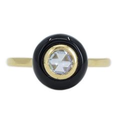 Art Deco inspired Black Onyx Halo Ring with rosecut Moissanite Center Moissanite Details: 6mm rosecut moissanite from Charles & Colvard. White and totally clear!  Ring Details: This ring is cast in 18k yellow gold and has a plain, polished band. We can add our signature Evergreen texture by request and we can also Rose Cut Diamond Ring, Handmade Gold Ring, Green Tourmaline Ring, Black Engagement Ring, Rosecut Diamond Ring, Right Hand Rings, Black Onyx Ring, Jewelry Ring Box, Onyx Ring