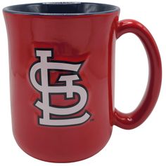 a red coffee mug with the st louis cardinals on it's front and side