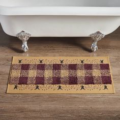 a bath tub sitting on top of a wooden floor next to a rug covered in stars