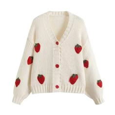 Strawberry Knitted Sweater Women Puff Long Sleeve Sweater Cardigan Harajuku Crochet Women’s Strawberries Knit Jacket Cropped Coat Oversized Button Up Fruit #Jumpers #Strawberry #Sweater #Cardigans #Red Cute Aesthetic Sweaters, Strawberry Core Aesthetic Outfit, Crochet Coats & Jackets, Strawberry Themed Clothes, White Trendy Acrylic Cardigan, Trendy White Acrylic Cardigan, Cute White Long Sleeve Cardigan, Casual White Cardigan For Winter, Casual White Winter Cardigan