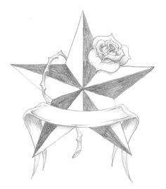 a pencil drawing of a star with a rose on it and a ribbon around it