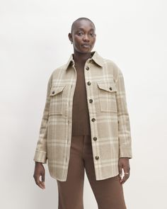 It’s shacket season. Part shirt, part jacket, all style, the versatile Italian ReWool® Oversized Shirt Jacket will be your new styling go-to. It features classic shirt detailing including a collar, cuffs with buttons, and shirttail hem, along with two front chest flap pockets and on-seam pockets. The sleeves are lined for added warmth and it’s made with a GRS-certified recycled Italian wool and GRS-certified recycled nylon blend. Think cozy, comfy, and it literally goes with everything. Wit Oversized Utility Jacket With Lapel Collar For Fall, Classic Oversized Single-breasted Utility Jacket, Chic Relaxed Fit Shacket For Workwear, Oversized Fall Utility Jacket For Everyday, Classic Oversized Outerwear For Everyday, Oversized Collared Outerwear For Everyday, Oversized Everyday Utility Jacket For Fall, Oversized Utility Jacket For Everyday In Fall, Chic Oversized Utility Jacket For Fall