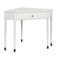 a white table with two drawers and one drawer on the bottom, in front of a white background