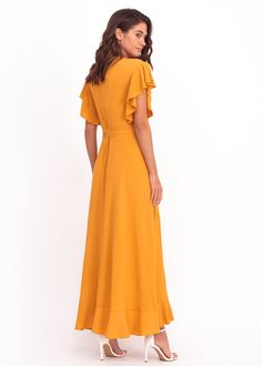 Long romantic yellow wrap dress | Etsy Flowy Wrap Evening Dress, Flowy Wrap Party Dress, Elegant Maxi Wrap Dress For Garden Party, Chic Wrap Dresses For Brunch, Summer Wedding Guest Dress With Surplice Neckline, Chic Bridesmaid Wrap Maxi Dress, Flowy Wrap Dress For Wedding, Flowy Wrap Midi Dress For Brunch, Spring Bridesmaid Wrap Maxi Dress