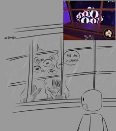 a comic strip with an image of a person looking out the window at another cartoon character