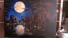 a painting of a city at night with the moon in the sky