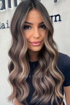 Ash Brown With Face Framing Highlights, Beige Balyage Long Hair, Brunette Hair W Blonde Highlights, Cappuccino Balayage, Brown To Balayage Blonde, Beige Bayalage Brunette, Brown Ashy Hair Balayage, Long Layer Balayage, Ash Brown Hair Ideas