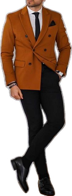 Tailored Orange Blazer With Notch Lapel, Brown Double Breasted Suit For Business In Fall, Brown Long Sleeve Double Breasted Suit For Business Casual, Orange Formal Suit For Fall, Orange Notch Lapel Suit For Work, Brown Long Sleeve Office Suits, Formal Orange Single Breasted Blazer, Tailored Orange Blazer For Business, Brown Double Breasted Suit For Formal Occasions In Fall