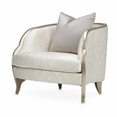 a white chair with a silver frame and pillow on it's back, in front of a white background