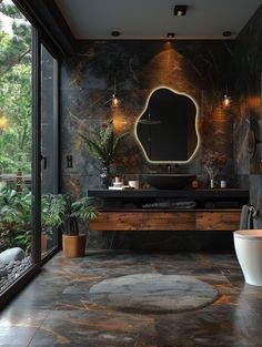 a bathroom with a large round mirror above the sink