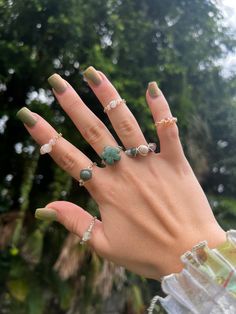 These rings would be a perfect gift to give a special someone or to get for yourself. The chain base keeps the rings from pinching or aggravating skin. Handmade Crystal Rings: Each ring is enchanted with the intention of the crystal used. 🫧Every order comes with a goodie bag full of an assortment of hippie items!🫧 Each handmade ring has the same color scheme and the same beads as pictured.    It's made using Sterling Silver Wire or 14K Gold Plated Wire and each piece is made with ethnically so Personalized Green Ring Jewelry, Hand Wrapped Open Ring Jewelry For Gifts, Hand Wrapped Green Ring For Gift, Hippie Ring, Hippie Rings, Hippie Hair, Crystal Chain, Hair Beads, Crystal Ring