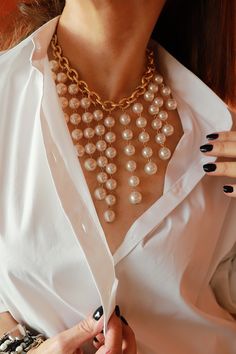 "This Pearl fringe necklace is stunning and certainly will look lovely on your wedding day. Wear it with an open neckline white dress.  I love this necklace since you can wear it with an elegant outfit or wear it down with a shirt. The necklace is made of 14K gold filled link chain and on it hanging faux white pearls gradually longer in the middle. length of necklace : 15.3\"  (39cm) variations:  you can wear it with the magnificent earrings - length 2.1\" (5.5cm) Bracelet:  chain 14K gold fille Elegant Pearl Pendant Necklace For Parties, Elegant Dangle Pearl Necklace For Parties, Elegant Pearl Dangle Necklace For Party, Chic Pearl White Necklace For Wedding, Gold Pearl Drop Necklace For Party, Party Gold Pearl Drop Necklace, Chic Pearl Drop Necklace For Wedding, Chic Wedding Pearl Drop Necklace, Wedding Necklace With Dangling Beads