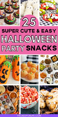 A collage of creative Halloween treats, showcasing fun Halloween snacks for a party, including mummy cookies, pumpkin-themed snacks, and spooky popcorn Kids Halloween Party Snack Ideas, Finger Foods For Kids Halloween Party, Toddler Halloween Food Ideas, Fun Easy Halloween Treats, Kids Halloween Snack Board, Spooky Night Snacks, Halloween Snacks For Kids Party School, Halloween Kid Snacks Party Ideas, Easy Halloween Food Ideas For Kids