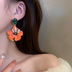 Orange Enamel Flowers Drop Earrings For Women Girls Green Crystal Dangle Earrings Party Jewelry Elegant Orange Flower Earrings, Orange Dangle Jewelry For Spring, Spring Orange Drop Earrings, Summer Orange Flower-shaped Jewelry, Orange Flower Earrings For Party, Orange Flower Earrings For Gift, Orange Flower Shaped Earrings For Summer, Orange Flower-shaped Earrings For Summer, Orange Drop Earrings For Spring