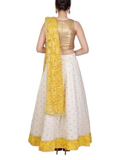 White Yellow Raw Silk Resham Lehenga Set - Trendroots Lehenga With Sheer Dupatta In Cotton Silk, Transitional Yellow Raw Silk Anarkali Set, Semi-stitched Cotton Silk Lehenga With Sheer Dupatta, Yellow Tissue Silk Sets For Transitional Season, Cotton Silk Lehenga With Dori Work For Reception, Reception Cotton Silk Lehenga With Dori Work, Fitted Cotton Silk Lehenga With Sheer Dupatta, Yellow Anarkali Set With Sheer Dupatta, Bollywood Style Lehenga With Dori Work In Cotton Silk