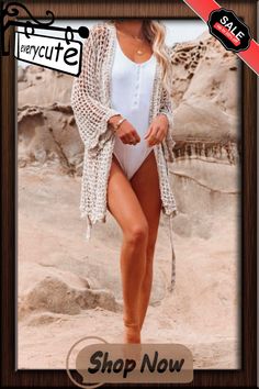 Loose Weave Long Belted Cardigan White V-neck Outerwear For The Beach, White Long Sleeve Cardigan For Beach Cover-up, Long Sleeve Outerwear For Beach Vacation, White Long Sleeve Cover-up For Fall, White Long Sleeve Fall Cover-up, Long Sleeve Beach Vacation Outerwear, Beige Open Front Tops For Vacation, Stretch Open Front Cardigan For Beach, Spring Beach Cardigan With Long Sleeves