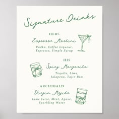 a menu with drinks on it is displayed in front of a white background and green lettering