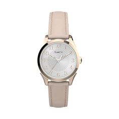 A perfect choice for any day of the week, this Timex leather watch combines classic design with casual looks. A perfect choice for any day of the week, this Timex leather watch combines classic design with casual looks. DISPLAY Dial color: silver tone Face cover material: mineral crystalCASE Material: gold-tone stainless steel Diameter: 28 mmBAND Material: pink leather Clasp: buckle Circumference: 190 mm Width: 14 mmDETAILS Movement: quartz Power: battery Water resistance: 30 meters Packaging: g Tone Face, Leather Strap Watch, Packaging Gift, Day Of The Week, Watch Movement, Face Cover, Minerals Crystals, Pink Leather, Watch Strap