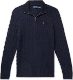 Classic Navy Long Sleeve Sweater, Navy Classic Long Sleeve Sweater, Navy Long Sleeve Polo Sweater, Navy Long Sleeve Polo Sweater For Winter, Cable Knit Cotton Polo Sweater For Fall, Fall Cable Knit Cotton Polo Sweater, Fall Cotton Cable Knit Polo Sweater, Navy Cotton Polo Sweater For Winter, Casual Navy Knit Polo Sweater