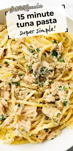 closeup of a bowl of pasta with text overlay that reads 15 minute tuna pasta - super simple! Tuna Spaghetti Recipe, Tuna Ideas, Canned Tuna Pasta, Tuna Spaghetti, Solo Dinner, Easy Tuna Recipes, Healthy Tuna Recipes, Tuna Pasta Salad Recipes, Tuna Dinners