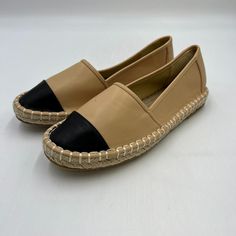 Eu Size 39 = Us Size 8.5 Leather Round Toe Espadrilles Contrast Toe Cap Slip On Syle New With Box Casual Leather Flats With Woven Sole, Brown Leather Sole Espadrilles With Round Toe, Brown Slip-on Espadrilles With Round Toe, Brown Slip-on Espadrilles With Contrast Sole, Brown Casual Faux Leather Flats, Casual Brown Espadrilles With Leather Footbed, Spring Brown Espadrilles With Contrast Sole, Brown Espadrilles With Leather Sole And Flat Heel, Leather Espadrilles With Woven Sole For Everyday