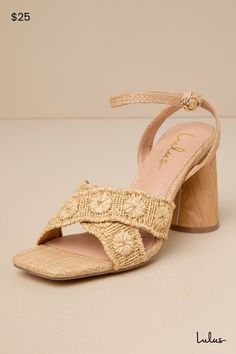 Easily elevate all your favorite warm weather looks with the Lulus Chaya Natural Raffia Ankle Strap High Heel Sandals! These summery heels have a woven raffia construction that shapes a trendy square footbed and crisscrossing toe straps adorned with woven floral-inspired details. Matching straps sprout from the sides to wrap and secure around the ankle with a dainty gold buckle. A sculpted, wood-look block heel lends a unique finish to this chic design! 3. 75" sculpted wood-look heel. Cushioned Beach Heels With Padded Heel And Ankle Strap, Ankle Strap Heels With Padded Heel For Vacation, Beige Ankle Strap Block Heels For Summer, Padded Heel Ankle Strap Heels For Vacation, Heels With Padded Heel And Ankle Strap For Vacation, Ankle Strap Heels With Wrapped Heel For Vacation, Spring Beige Ankle Strap Block Heels, Summer Block Heels With Wrapped Heel, High Heel Sandals With Wooden Heel For Vacation