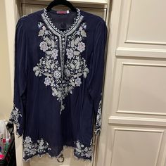 Johnny Was Collection Long Sleeve Embroidered Blouse Size Large. 20 Across The Chest 30 Inches In Length. Traditional Embellished Blue Blouse, Festive Blue Embroidered Top With Intricate Details, Festive Blue Embroidered Top With Intricate Embroidery, Elegant Blue Blouse With Chikankari Embroidery, Festive Blue Top With Resham Embroidery, Festive Blue Tops With Intricate Embroidery, Festive Blue Top With Intricate Embroidery, Blue Floral Print Embroidered Top, Fitted Blue Embroidered Long Sleeve Top