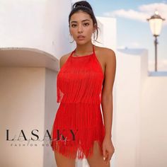 Lasaky - Fringe Sleeveless Halter Neck Backless Party Romper Red Fitted Tank Top For Party, Red Tank Top For Summer Parties, Spring Club Wear Backless Tank Top, Spring Club Backless Tank Top, Red Backless Tank Top For Summer, Red Tank Top For Summer Clubbing, Red Summer Tank Top For Club, Fitted Halter Top For Summer Cocktail, Summer Cocktail Fitted Halter Top