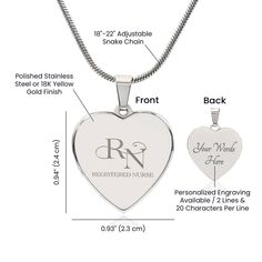 Surprise your loved one by giving them this sweet Engraved Heart Necklace! It's a classic and heartfelt jewelry piece that is sure be treasured. If the custom engraving option is available, you can choose to personalize onto the back of the pendant your loved one's name, a special date, or anything else you want to remember and keep you close to their heart. Each personalized piece offers exceptional craftsmanship that is fit to be an instant classic in your family.The Engraved Heart Necklace is attached to an adjustable snake chain, and made from high quality stainless steel, and is also available in an 18K yellow gold finish option. Product Specifications: Pendant size 0.9" x 0.94" (2.3cm x 2.4cm) 18"-22" Adjustable snake chain Lobster clasp attachment Polished stainless steel or 18K yel Personalized Heart Necklaces For Memorial, Personalized Heart Memorial Necklace, Personalized Stainless Steel White Gold Necklace, Customizable Nameplate Heart Necklace Gift, Personalized Engraved Heart Pendant Name Necklace, Customizable Nameplate Heart Necklace For Gift, Personalized Silver Heart Necklace For Memorial, Personalized Engraved Heart Pendant Necklace, Customizable Heart Pendant Necklace For Personalized Gift