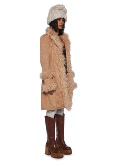 Current Mood Butterfly Flower Faux Suede Jacket - Brown Long Fur Coat With Faux Fur Trim For Fall, Long Fur Coat With Faux Fur Lining For Fall, Faux Fur Lined Long Coat For Fall, Fall Long Fur Coat With Faux Fur Trim, Fall Long Coat With Faux Fur Lining, Trendy Long Sleeve Fur Coat With Faux Fur Trim, Faux Fur Long Coat For Fall, Fall Long Faux Fur Coat, Long Feather Trim Coat For Fall