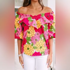 Anything Is Possible In This Colorful Blouse! At Least, That's How You're Going To Feel! This Beauty Is Going To Make A Perfect Addition To Your Winter Wardrobe! Round Ruffled Neckline And Sleeves. Keyhole Closure In Back No Stretch Savannah Is Wearing The Small. Actual Product Colors May Vary From Images Shown Due To Different Viewing Devices And Lighting. Brand New. Never Worn. Perfect Special Occasion Or Work Blouse. Retail $82 Lost Weight New With Tags * Please Visit My Closet For The Items Playful Multicolor Printed Blouse, Summer Ruffle Sleeve Top With Vibrant Print, Vibrant Pink Floral Print Blouse, Chic Off-shoulder Multicolor Blouse, Colorful Blouse, Strapless Shirt, Multicolor Vibrant Print Button-up Blouse, Off The Shoulder Blouse, Colorful Blouses