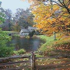 a house sitting next to a lake surrounded by fall foliage and trees with leaves on the ground