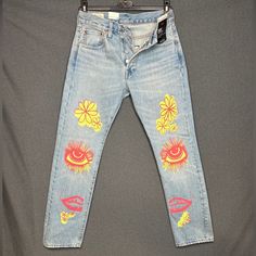 Levi’s 501s Summer Love Jeans Sun Festival 28x30 36x30 32x32 33x30 “ Up Tight Love “ “ Out Of Sight Groovy “ Levi's Jeans For Summer Streetwear, Levi's Summer Streetwear Jeans, Summer Fitted Jeans With Graphic Print, Fitted Graphic Print Jeans For Summer, Summer Graphic Print Fitted Jeans, Retro Jeans With Graphic Print For Spring, Blue Graphic Print Jeans For Spring, Levi's Retro Jeans For Spring, Retro Levi's Jeans For Spring