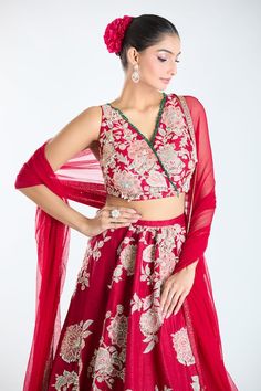 Red lehenga with floral patchwork, sequin, bead, cutdana embroidery. Paired with embroidered blouse and border embroidered dupatta. - Aza Fashions Red Sleeveless Designer Sharara, Red Sleeveless Bollywood Style Sets, Red Sleeveless Bollywood Set, Red Sleeveless Choli For Reception, Sleeveless Red Choli For Reception, Red Sleeveless Lehenga For Weddings, Sleeveless Red Lehenga For Wedding, Red V-neck Choli For Wedding, Red Sleeveless Zari Work Set